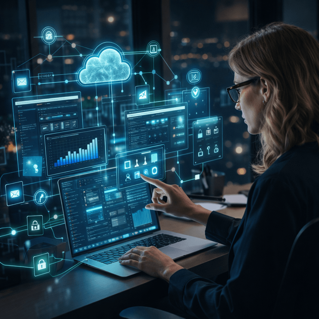 Professionista utilizza desktop virtuali e applicazioni cloud con interfacce digitali in ambiente di lavoro moderno e sicuro