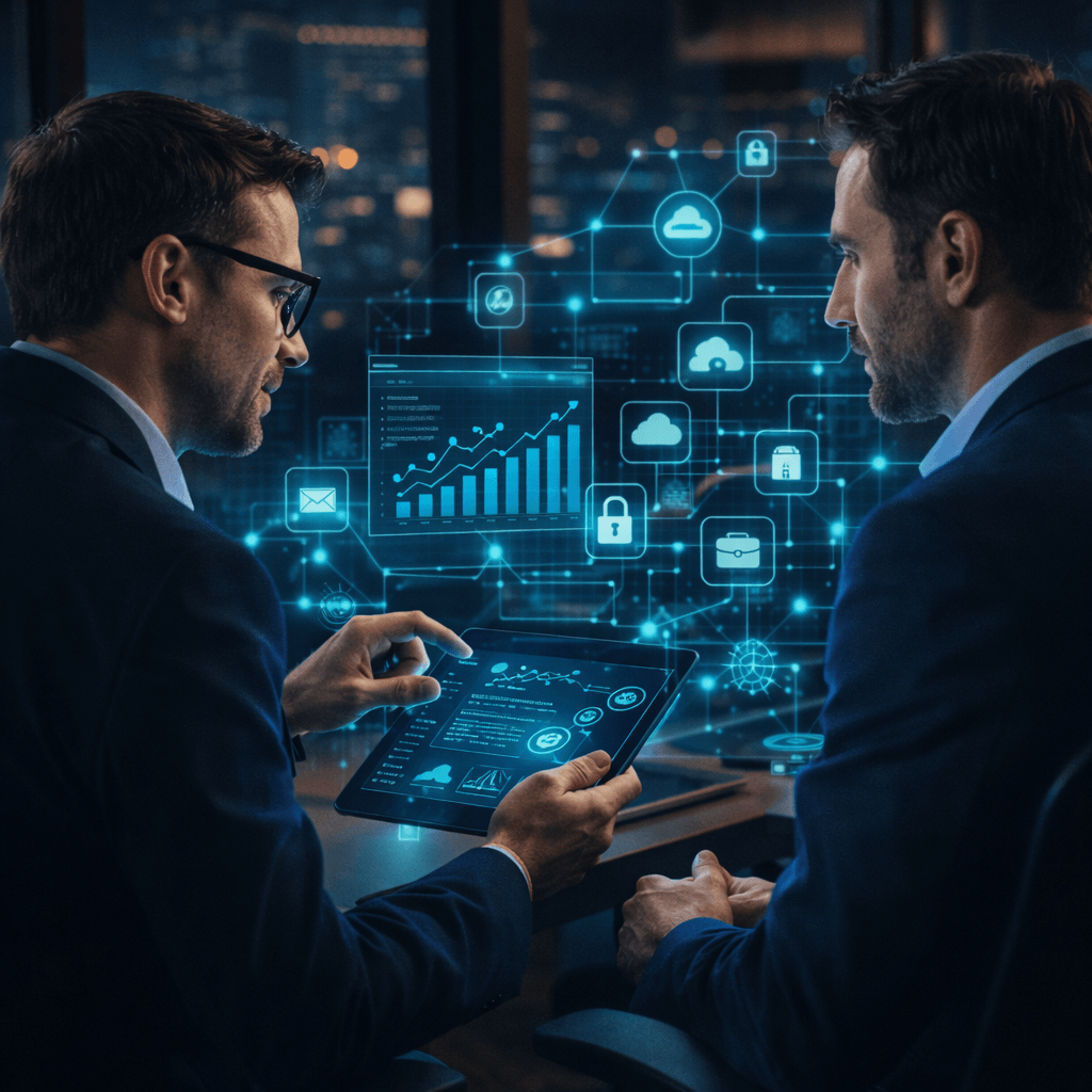Consulente IT e cliente analizzano soluzioni cloud e sicurezza dati tramite dashboard digitali in ambiente business tecnologico